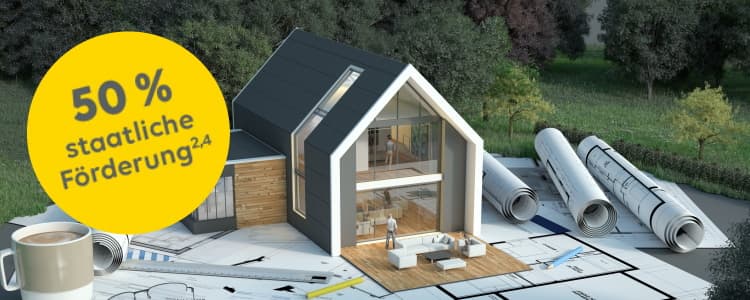 Symbolische Darstellung eines KfW-Effizienzhauses mit entsprechenden Energiesparplänen. Ein Störer weist auf 50 % staatliche Förderung hin