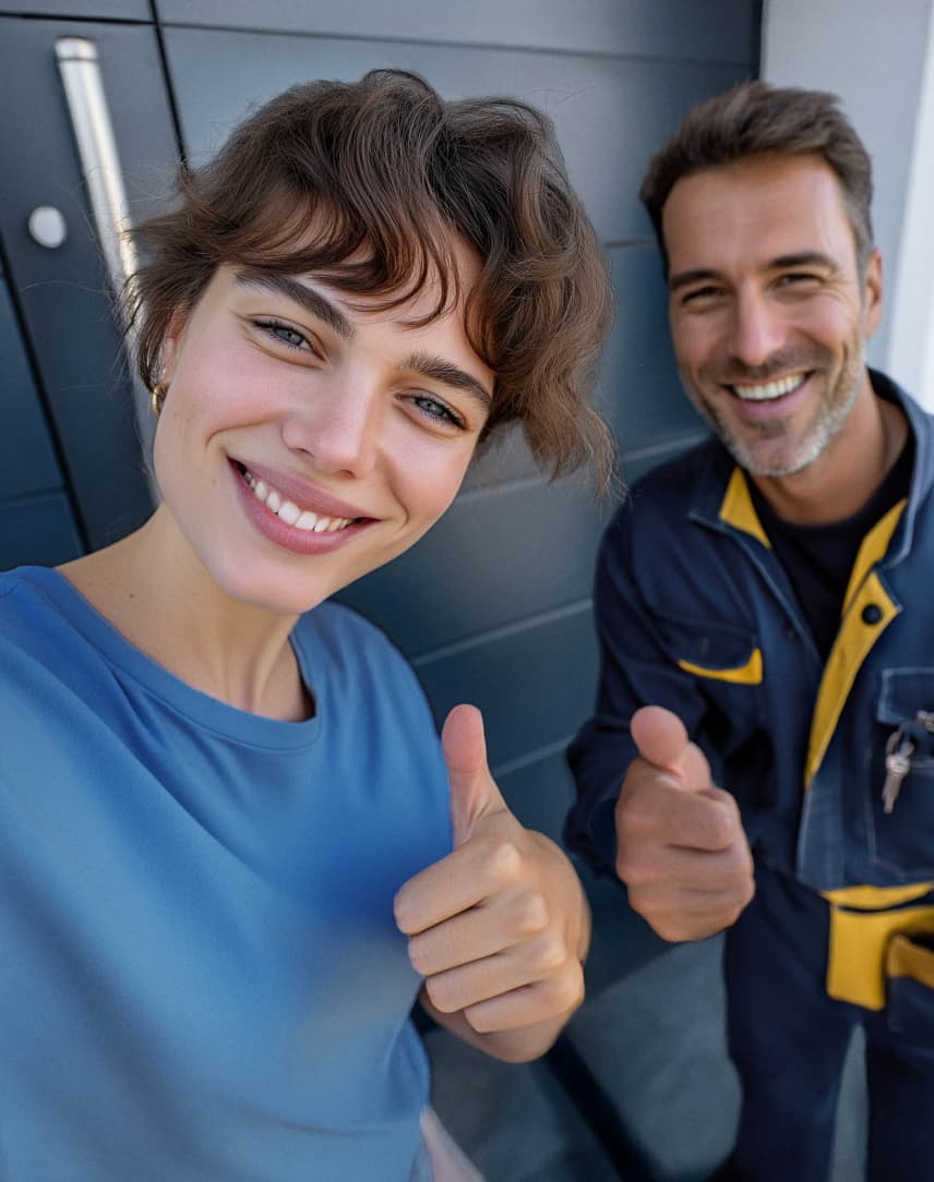 Eine Frau und ein Mann lächeln in die Kamera und strecken den Daumen nach oben.