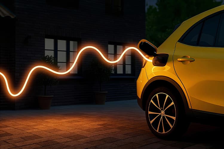 Ein gelbes E-Auto ist an ein animiertes gelbes Ladekabel angeschlossen