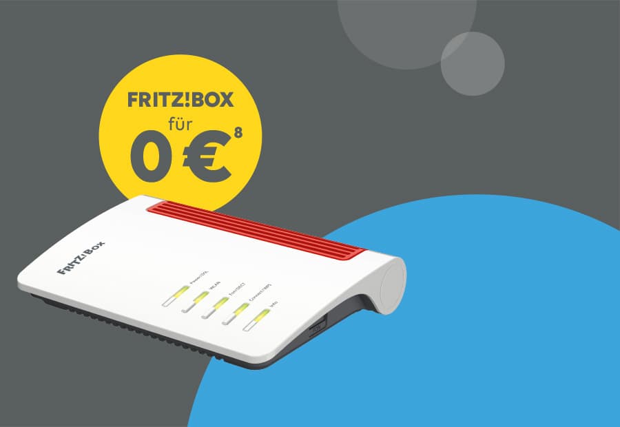 Ein Router mit gelbem Kreis, in dem steht: "FRITZ!BOX für 0 €"