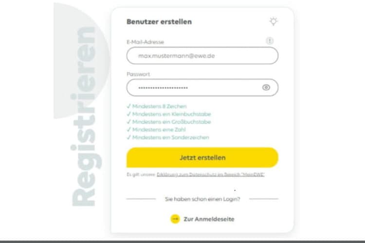 Screenshot der Registrierungsseite von Mein EWE - Energie