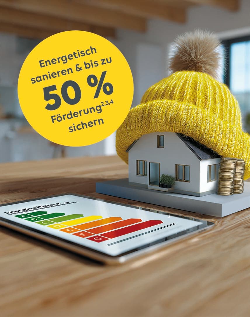 Stilisiert: Haus mit Pudelmütze, daneben Tablet mit Energieausweis