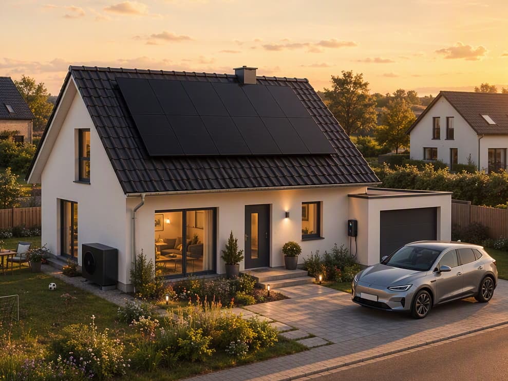 Haus mit Solaranlage, Wärmepumpe und Wallbox im Sonnenuntergang
