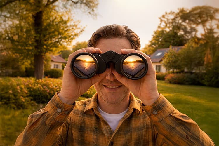 Mann steht in einer Sonnenblumenwiese vor einem Haus mit Solarsystem
