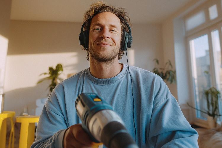 Mann mit Bohrmaschine und Kopfhörern.